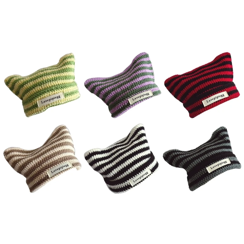 

Korean Style Baby Hat Children Striped Knitted Hat With Double Ears Curled