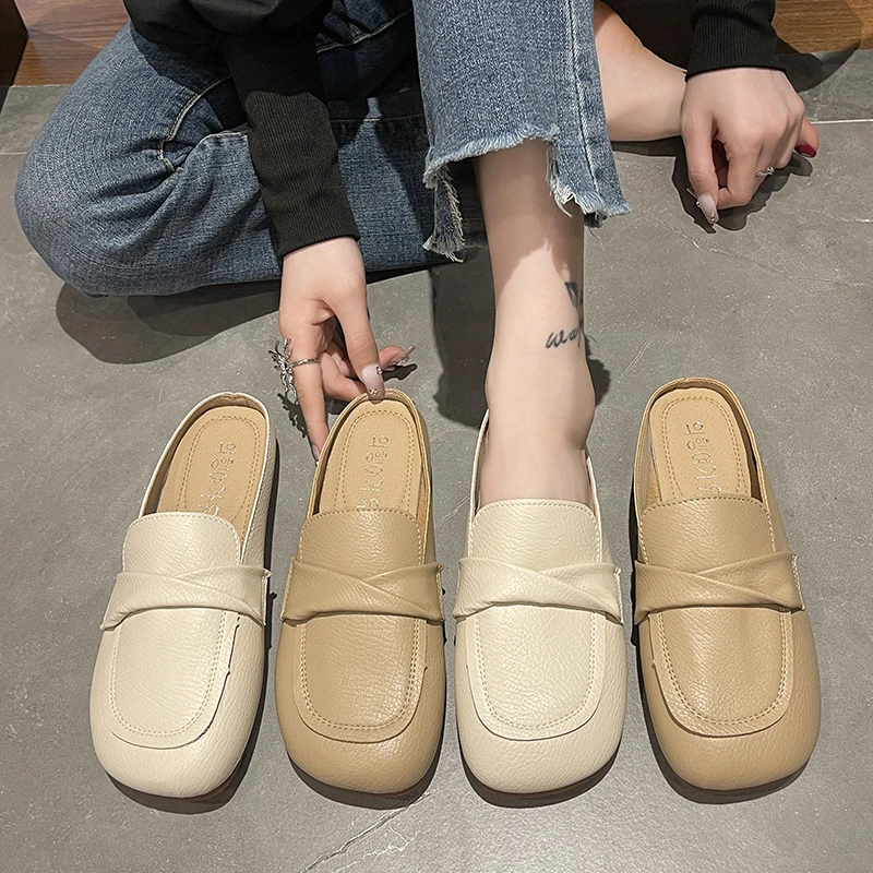 

Low Flat Shoes Female Cover Toe Loafers Mules For Women 2022 Ladies' Slippers Pantofle New Summer Soft Slides PU Fabric Rome Bas