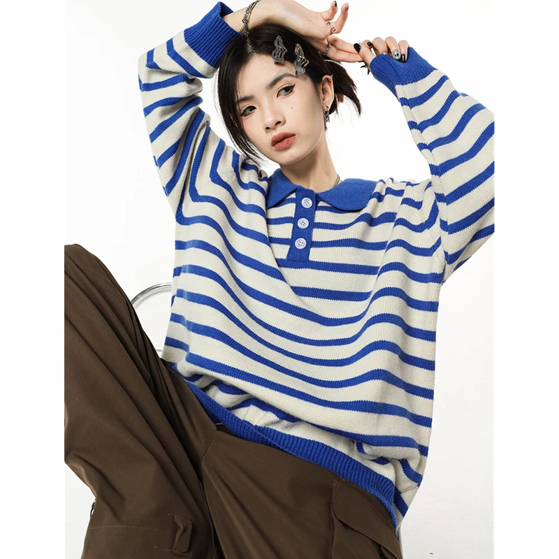 

Women Blue Stripe Sweater Korean Fashion Leisure Lazy Wind POLO Collar Loose Winter Long Sleeve Thicken Warm Knitting Pullover