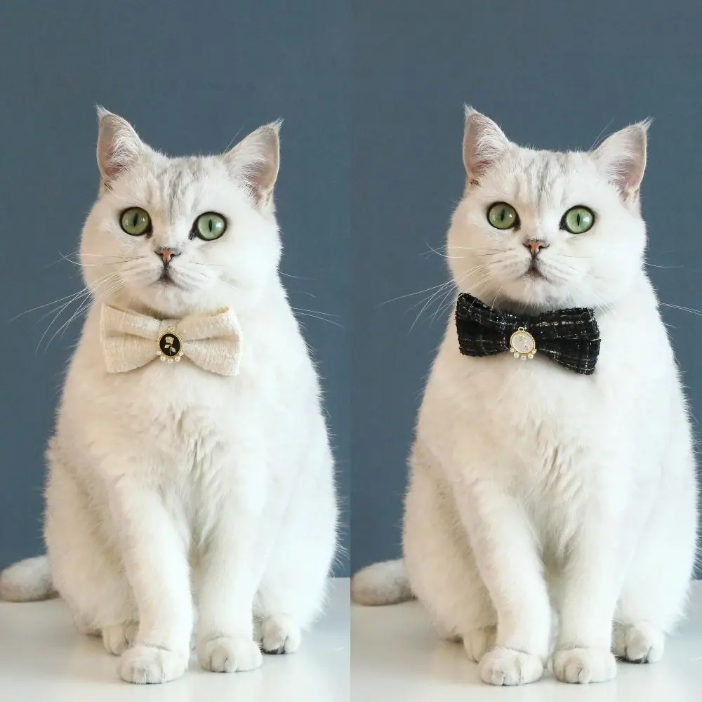 

Adjustable Woven Plaid Bow Kitten Collar Vintage Pearl Necktie Collar Breakaway Cats Necklace Puppy Collar Cat Supplies