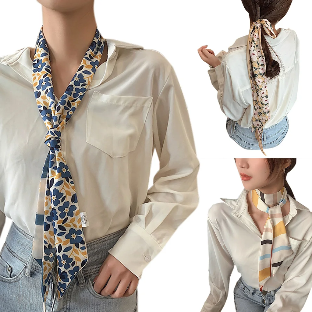 

140cm Women Vintage Silky Long Skinny Neck Scarf Floral Striped Printed Office Lady Elegant Neckerchief Ponytail Hairband