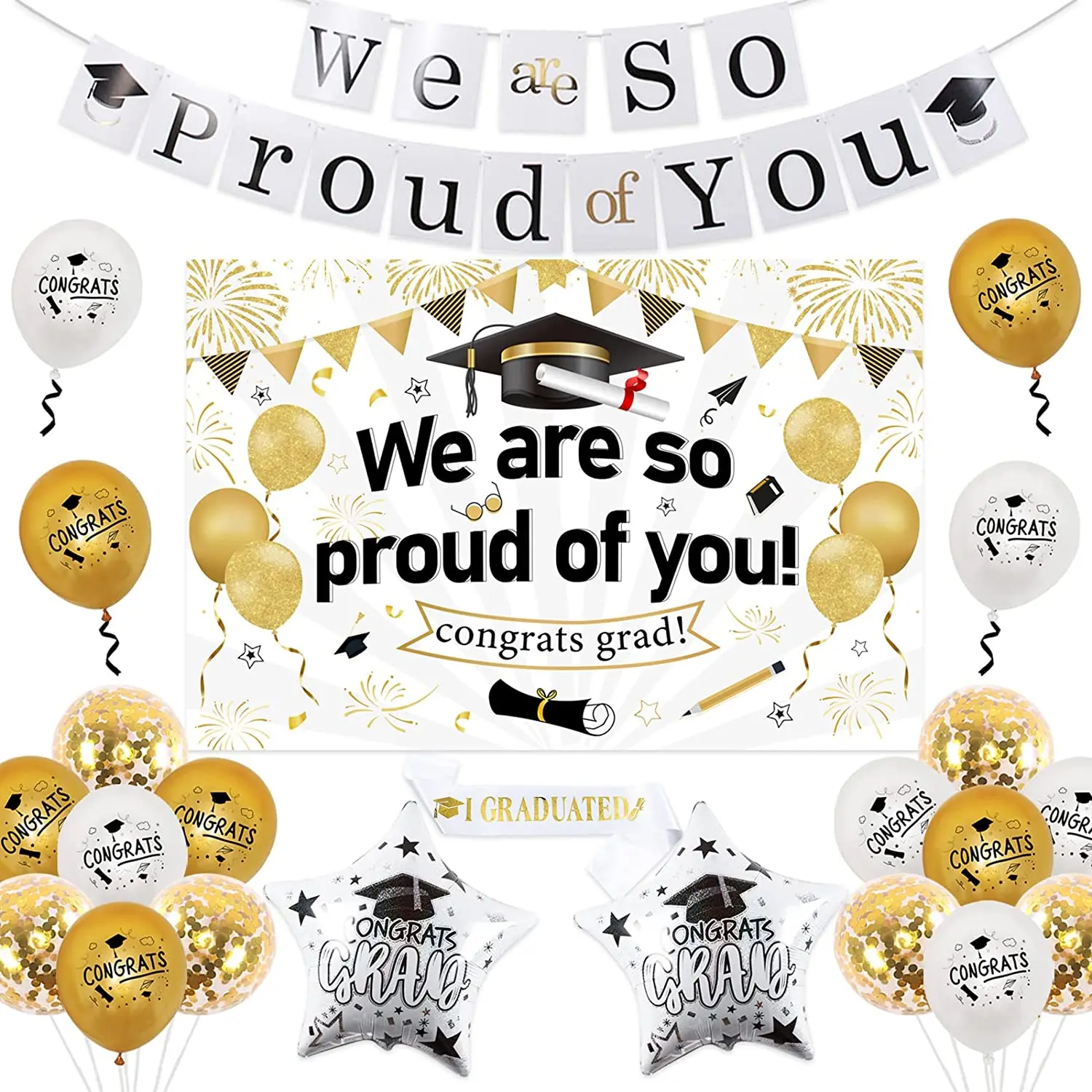 

JOYMEMO Graduation Party Decorations 2023, We Are So Proud of You Banner Photo Booth Backdrop, Congrats Grad Balloons White Gold
