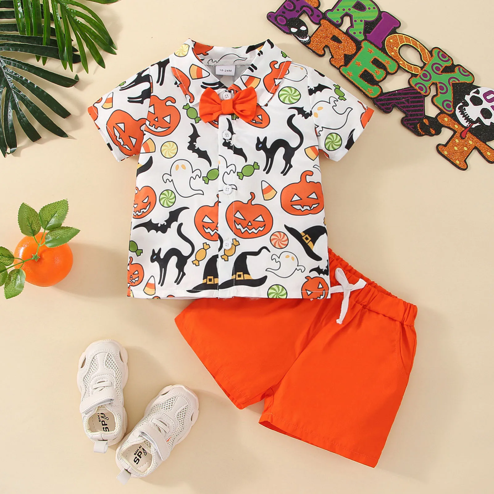 

Футболка с короткими рукавами и рисунком тыквы для маленьких мальчиков на Хэллоуин топы и шорты Детский комплект детской одежды для мальчи...