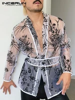 incerun 2022 men mesh shirt printed transparent homewear open stitch long sleeve tops with belt streetwear sexy casual camisas
