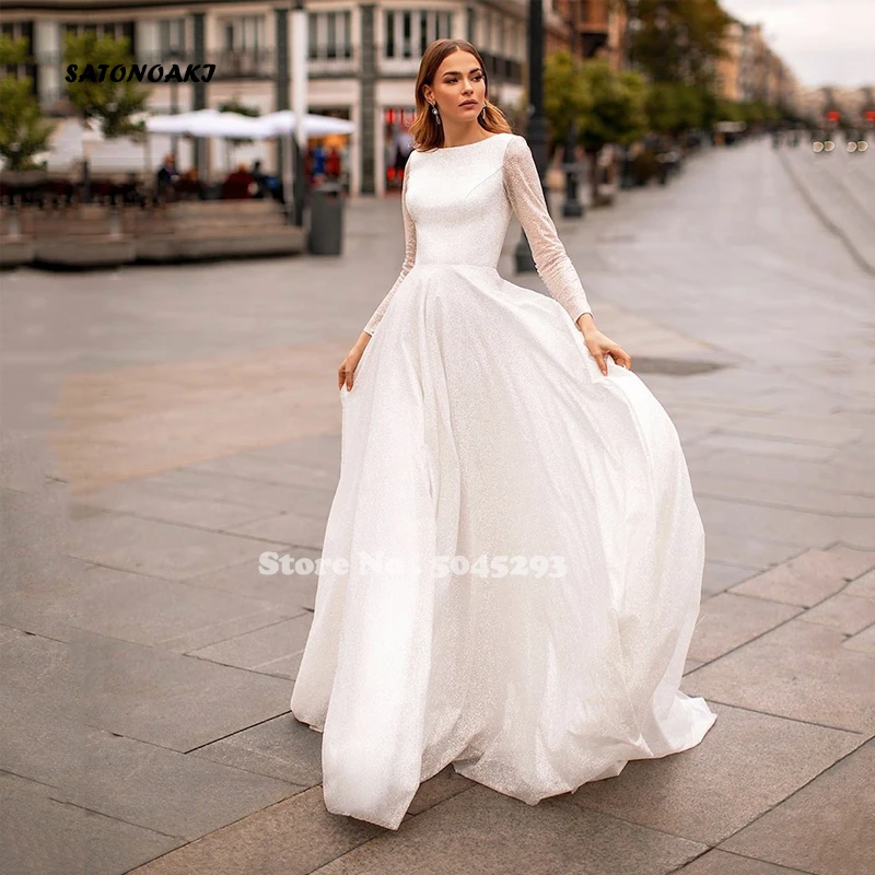 

Glitter Sequined Dubai Wedding Dress Long Sleeves Illusion Button Back Sweep Train Beach Women Bridal Gowns Vestidos De Novia