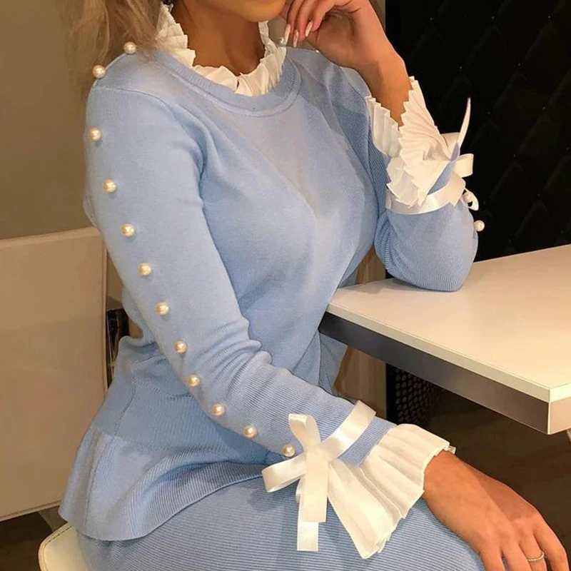 

Женские осенние офисные Топы с бантом и бусинами, рубашки, Женская Весенняя блузка, шикарная Блузка с оборками на воротнике, пуловер с длинн...