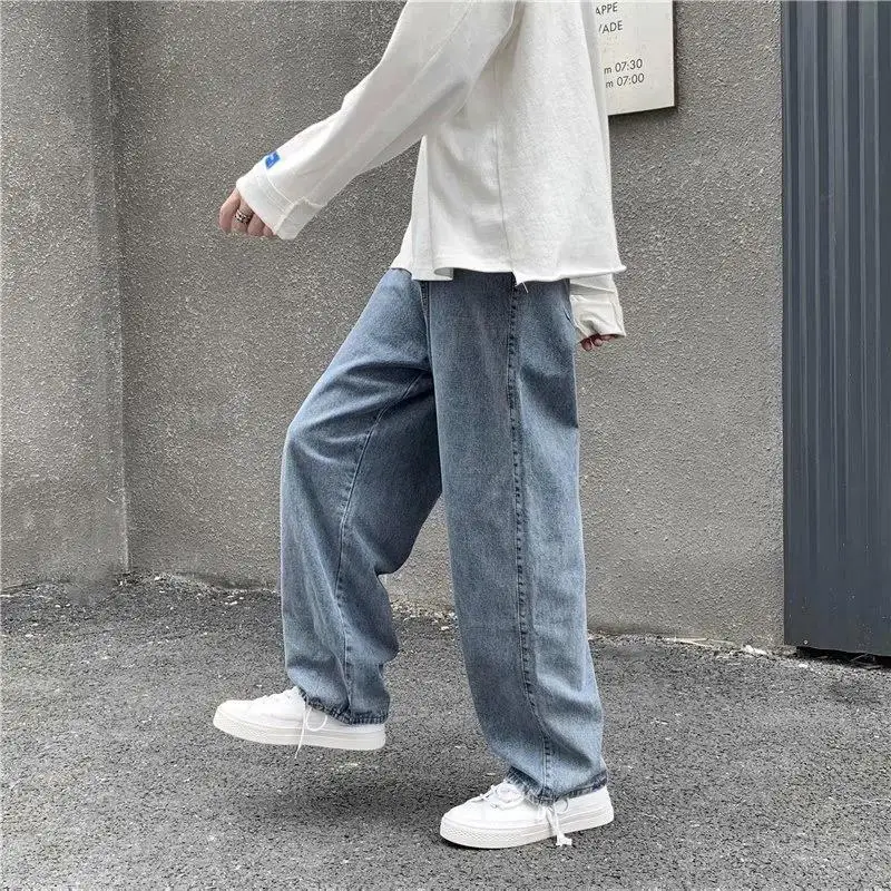 Retro Leisure Chic Cowboy Trousers Men Jeans Solid Drawstring Denim Full Length Straight Loose Males All-match Trendy Punk Baggy