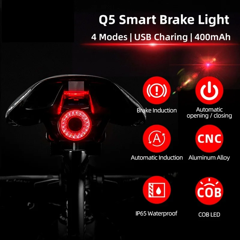 

Bicycle Smart Auto Brake Sensing Light IPx6 Waterproof LED Charging Cycling Taillight Bike Rear Light Accessories Q5