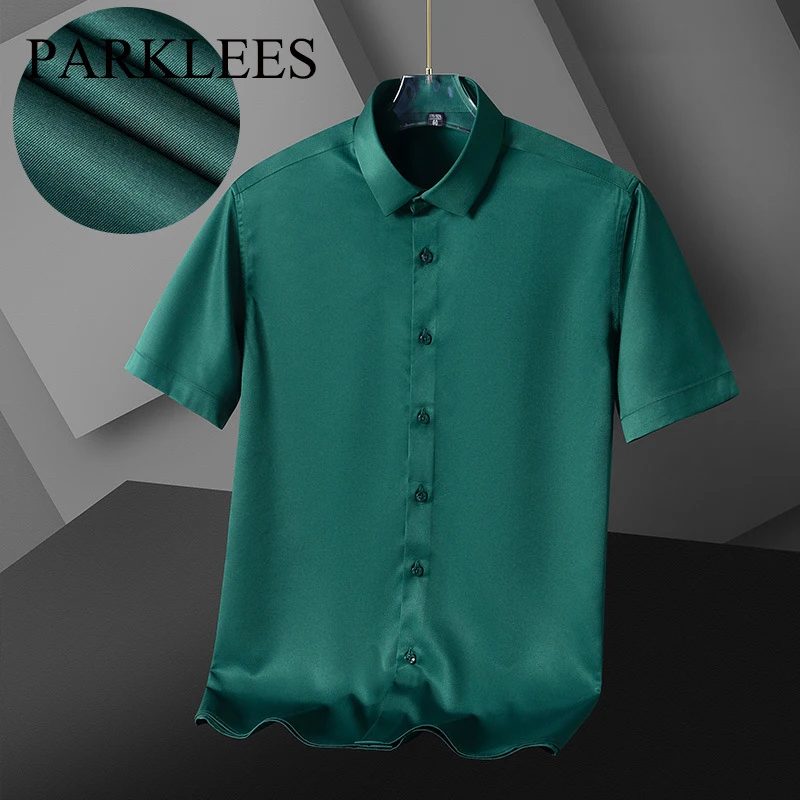 

Parklees Green Dress Shirt Men 2022 Summer Short Sleeve Breathable Solid Shirts Slim Fit Emulation Silk Party Dance Casual Shirt