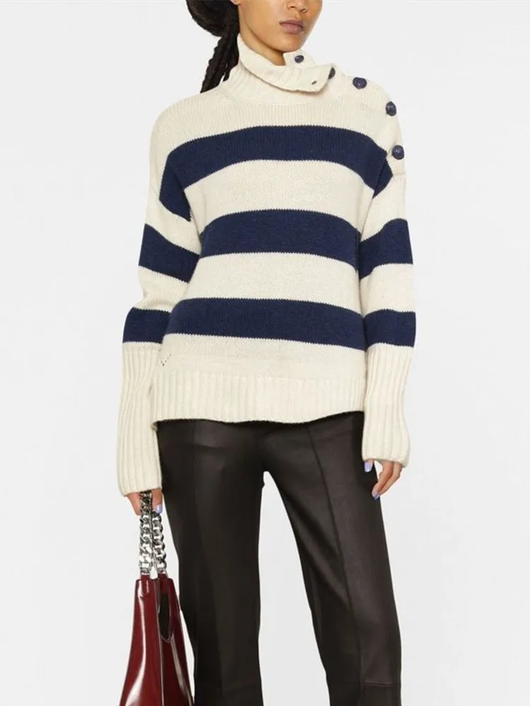 

Women Retro Turtleneck Sweater Hem Slit Stripes Loose Shoulder Buttons Long Sleeve Female Pullover Knitwear 2022 Autumn Winter