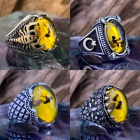 vintage big oval natural agate stone ring for men retro inlaid yellow red zircon ant ring for women wedding band jewelry