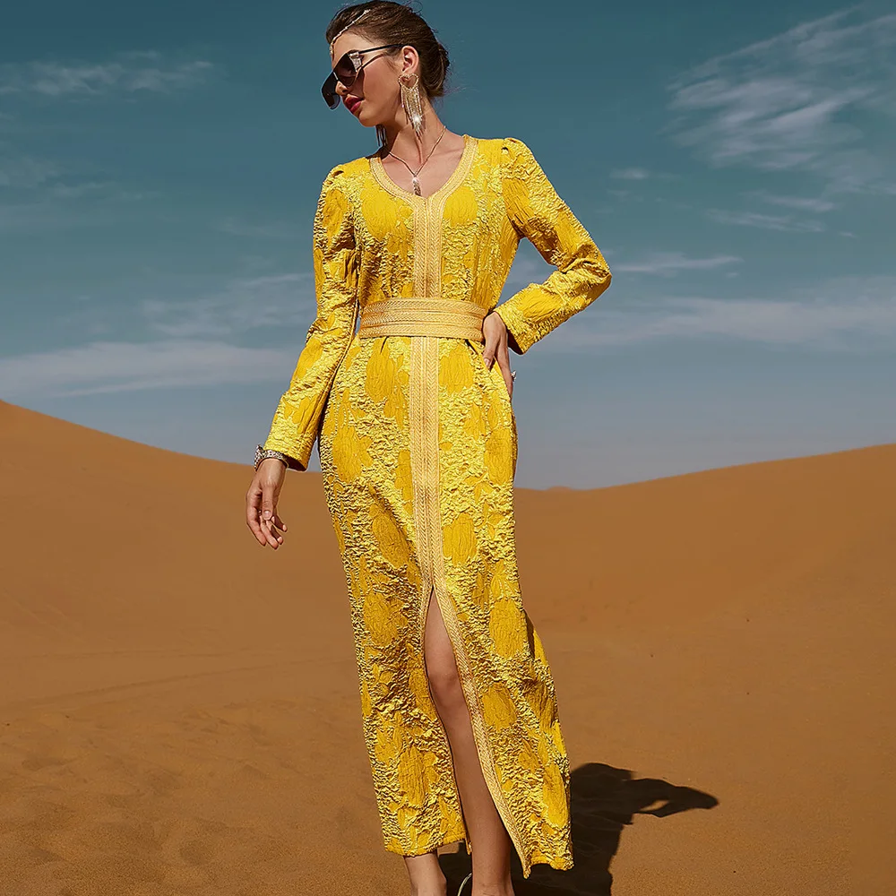 Solid Yellow Women Dress Muslim Abaya Dubai Kaftan Islamic Clothing Evening Party Gown Caftan Marocain Djellaba Eid Ramadan