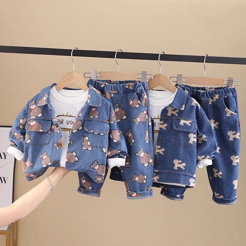 

2023 Autumn Korean Little Boy 3PCS Clothes Set Cartoon Bear Denim Jacket Long Sleeve T-shirt Jeans Infant Baby Boy Suit Outfit