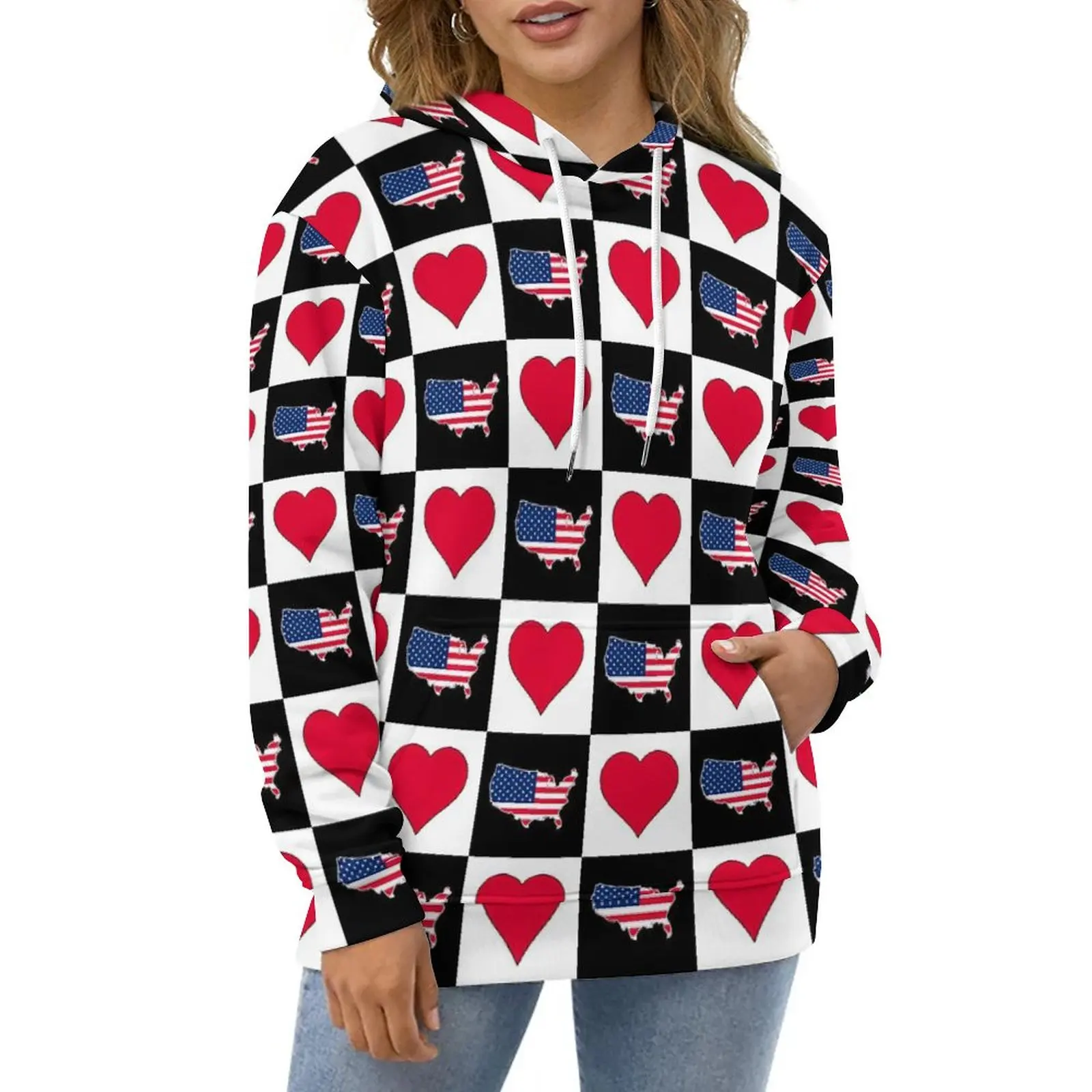 

American Flag Map Hoodies Hearts Checkered Street Fashion Casual Pullover Hoodie Long-Sleeve Cool Hooded Sweatshirts 4XL 5XL 6XL