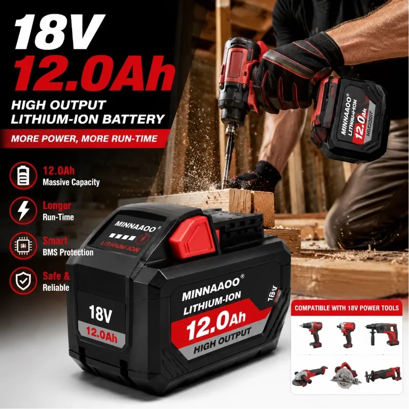Фото Аккумуляторная батарея Milwaukee M18 18В 12.0Ач, литий-ионная, перезаряжаемая, высокой емкости, для беспроводных электроинструментов №2