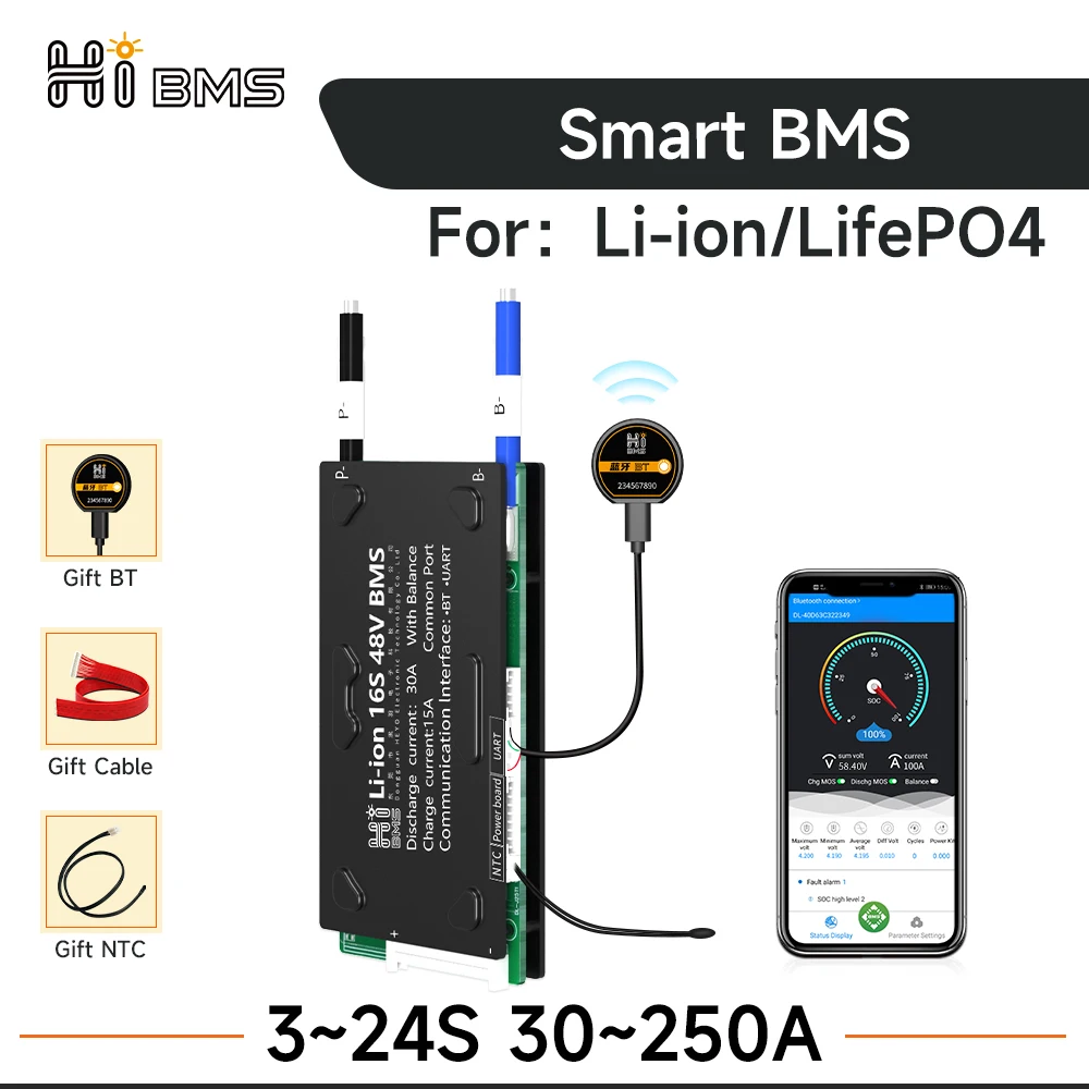 HIBMS Smart BMS Bluetooth Lifepo4 4S 12V 8S24V 16S48V Li-ion Battery Solar Inverter Outdoor Power Home Energy Storage RV Scooter