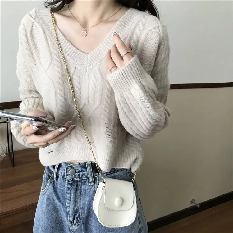 Рваный свитер больших размеров женская свободная верхняя одежда осенне-зимний