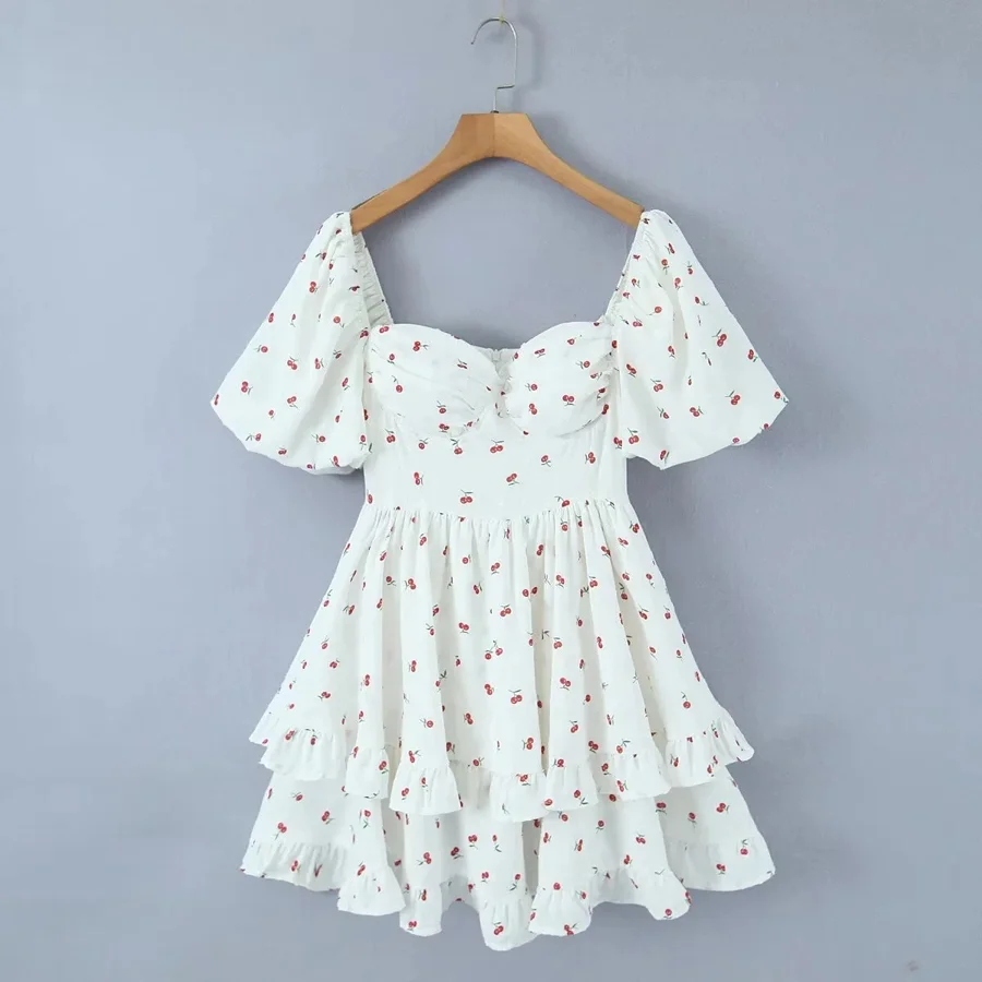 

2023 Summer Cherry Print Women Sweet Style Dress Puff Sleeve Square Collar Cascading Ruffles Vacation Beach Sea Mini Dress