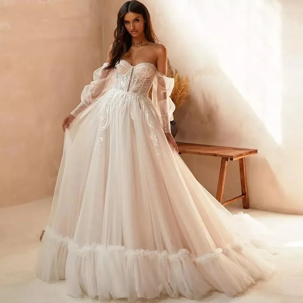 

Bridal Dress Lace Up Back Vintage Tulle Long Wedding Gowns With Sequins For Women Customize Off Shoulder Свадебное платье
