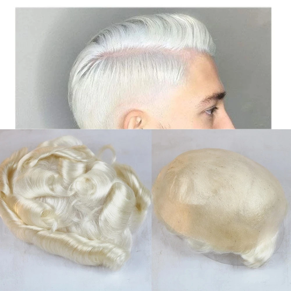 

In Stock Thin Skin Full Pu #60 Platinum Blonde European 100% Human Hair Toupee 6Inch Medium Density Men Toupee 8x10 Size For Men