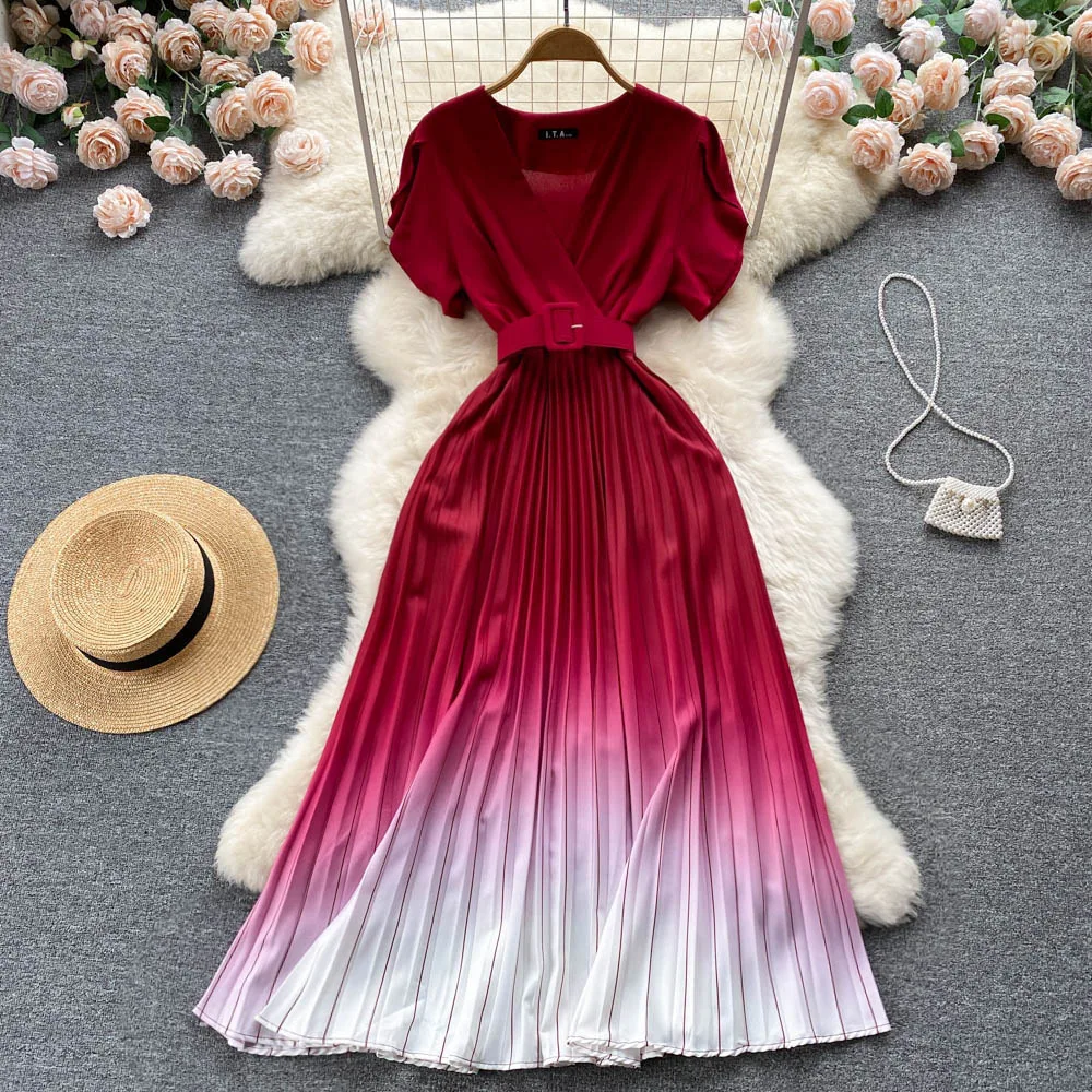 2022 Summer New Women Causal Dresss Chic Pleated Gradient Slimming Elastic Waist Loose Chiffon Polyester A-LINE Sashes Mid-Calf