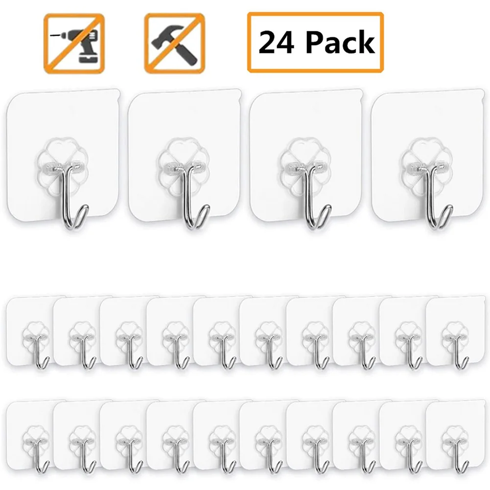 

24 Packs Adhesive Key Holder Wall Hook Heavy Duty 13.2lb(Max) Nail Free Sticky Hangers Stainless Hooker Towel Bath Ceiling Hooks