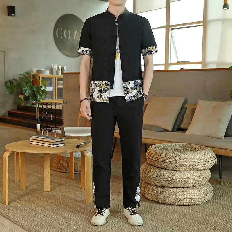 

(Shirt + trousers) 2023 summer design and colour men shirt Man Cotton shirts Short sleeve Elastic waist men's casual shirts men