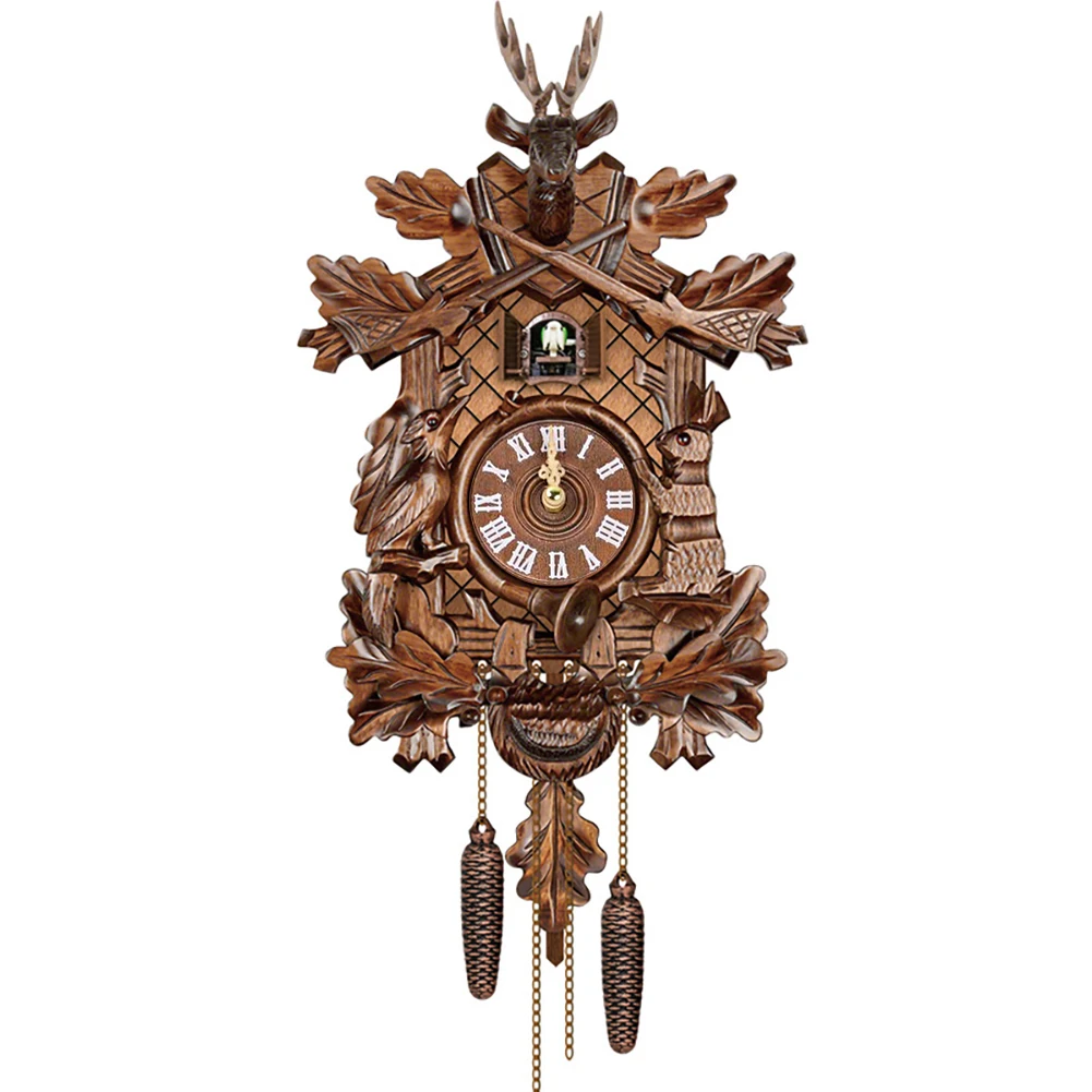 

Wood Cuckoo Wall Clock Natural Bird Come Out Alarm Voices Time Bell Swing Pendulum Bird House Shape Home Art Decor