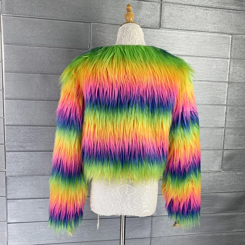 Rainbow Women Faux Fur Coat Christmas Costumes Cosplay Fluffy Fur Jacket Short Outwear Winter Warm Festival Party Club Overcoat
