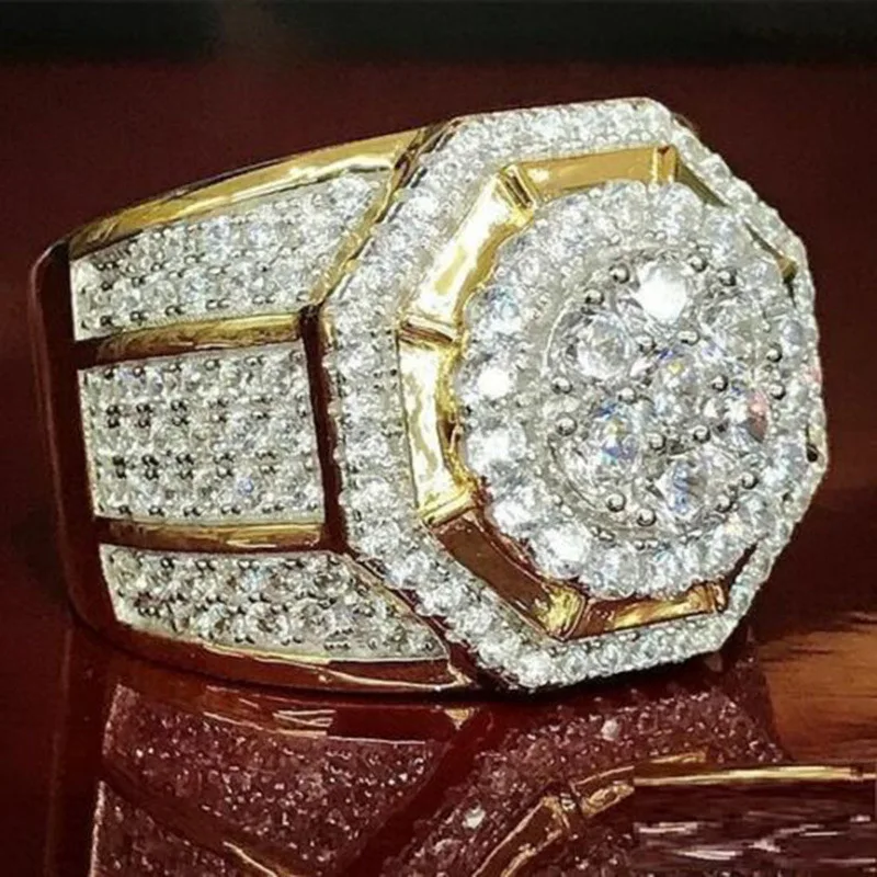 

Luxury Gold Color Filled White Crystal Zircon Iced Out Ring Hip Hop Hexagon Gold Plated Rings for Male Rings Jewelry Accessories