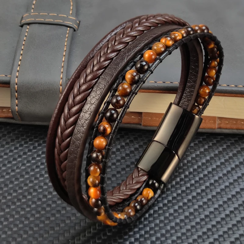 

Stainless Steel Beads Brown Charm Men Bracelet Magnetic Clasp Braided Mutilayer Leather Wrapping Punk Bangles Man Jewelry Gift