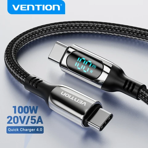 Кабель Vention USB C, 100 Вт, для Xiaomi MacBook Pro, Samsung, зарядное устройство для быстрой зарядки, провод PD, кабель с LED-дисплеем