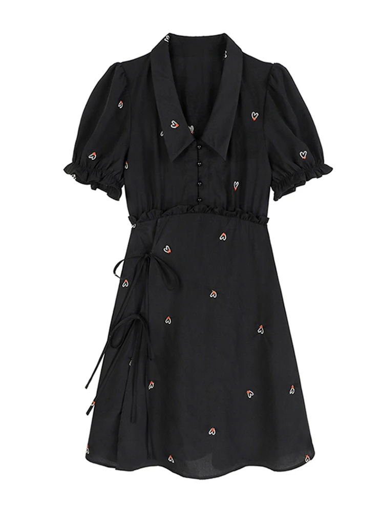 

Mini Dress Women 2022 Summer New Casual Elegant Slim Korean Style Puff Sleeve Turnover Collar Heart Embroidery Polo Dress Shirt