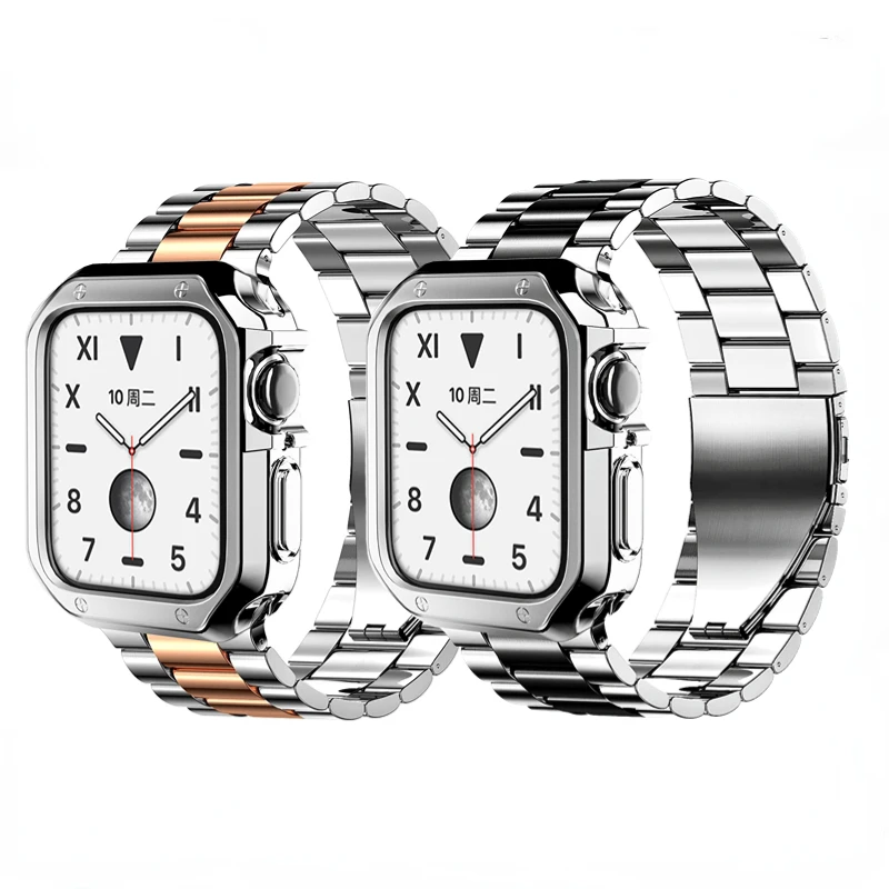 

Metal Stainless Steel Strap+ Soft Case For Apple watch 8 7 45mm 41mm 6 5 SE 44mm 40mm two piece accessories For iwatch 3 2 42mm
