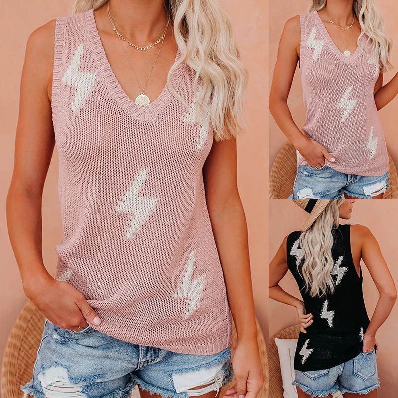 

Spring / summer 2021 new sexy knitted vest women's lightning pattern V-Neck Sweater women