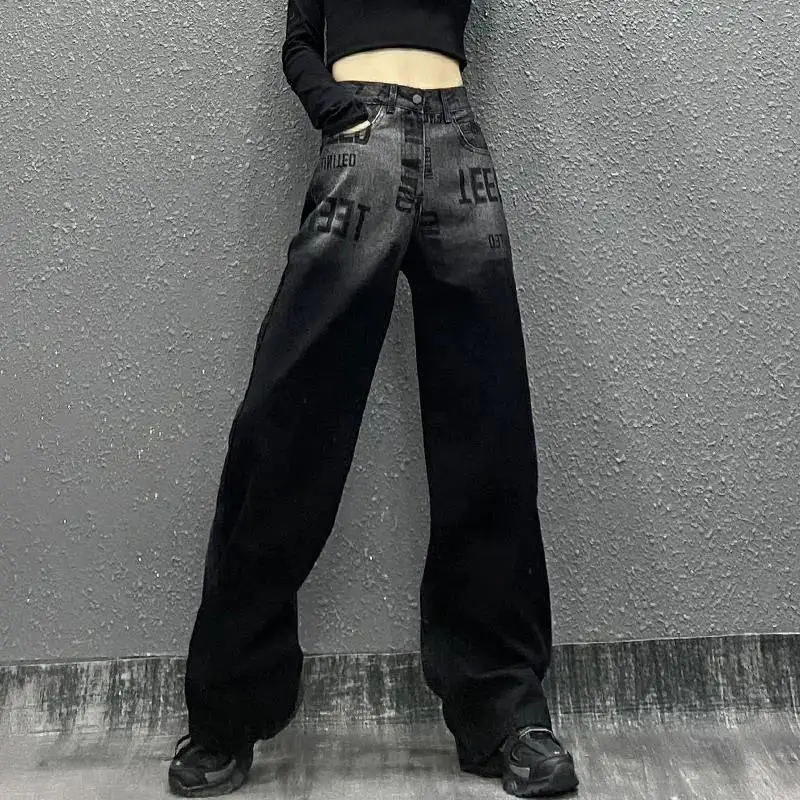 

Black Gothic Streetwear Women Jeans Autumn New Harajuku Vintage High Waist Denim Pants Women Grunge Loose Trousers Female