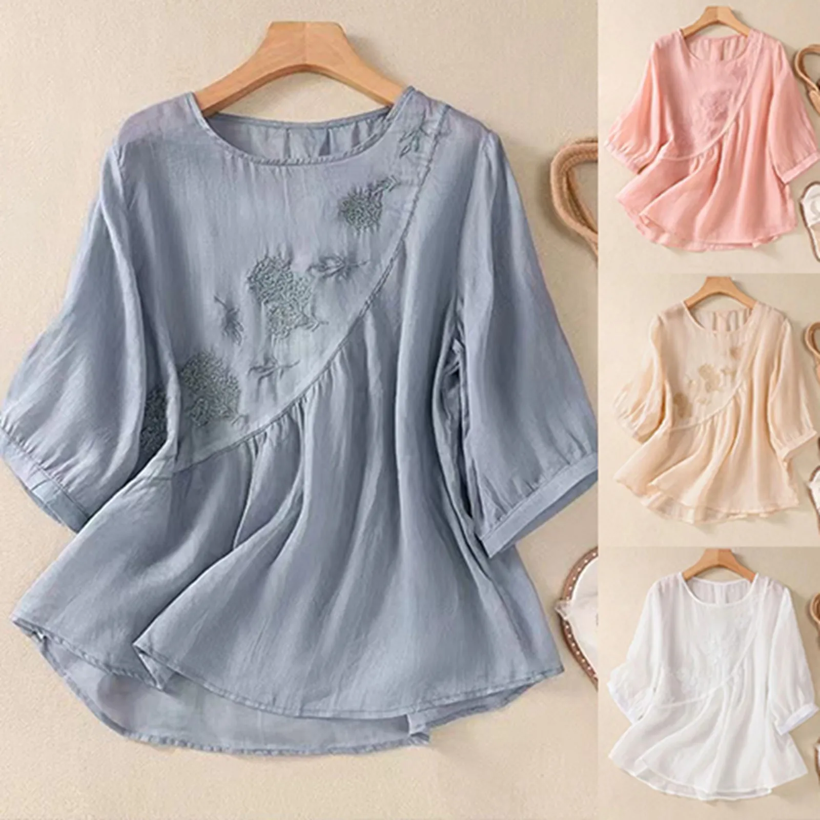 Рубашка женская компрессионная с вышивкой блуза круглым вырезом и длинным