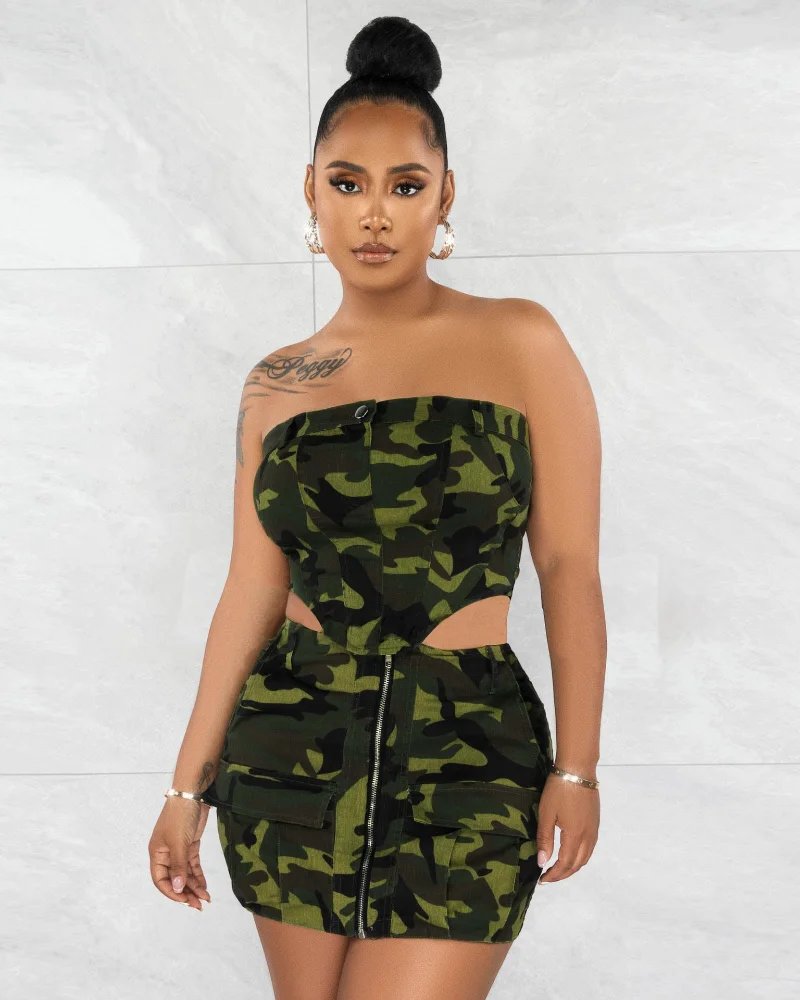 

WUHE Camouflage Women Zipper Safari Skirt Suit Strapless High Low Bellyband Crop Top+Mini Dress Set Sexy Summer 2 Piece Outfits