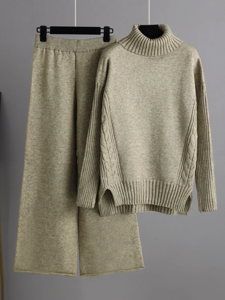 

2023 Autumn Winter 2 Piece Sets Korean Fashion Female Clothing Knitted Turtleneck Sweater Pullover Wide Leg Pants Sets Homewear