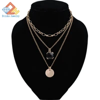 triple layered chain choker necklace for women black glass round alloy fittings wholesale