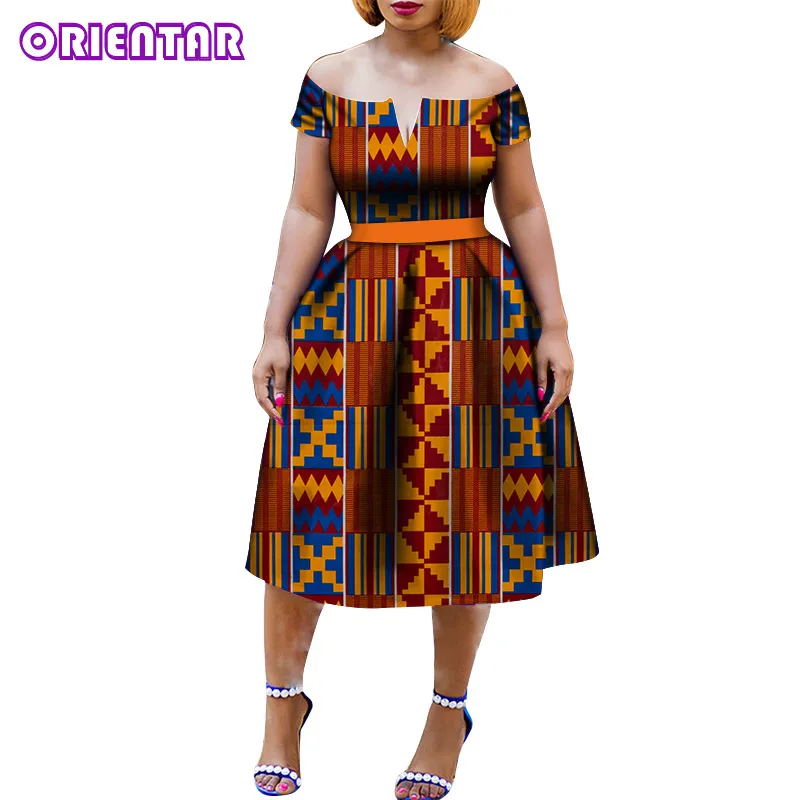 African Dresses for Women Summer Slash Neck Ankara Dresses Elegant Lady Bazin Riche African Print Dashiki Dress WY5506