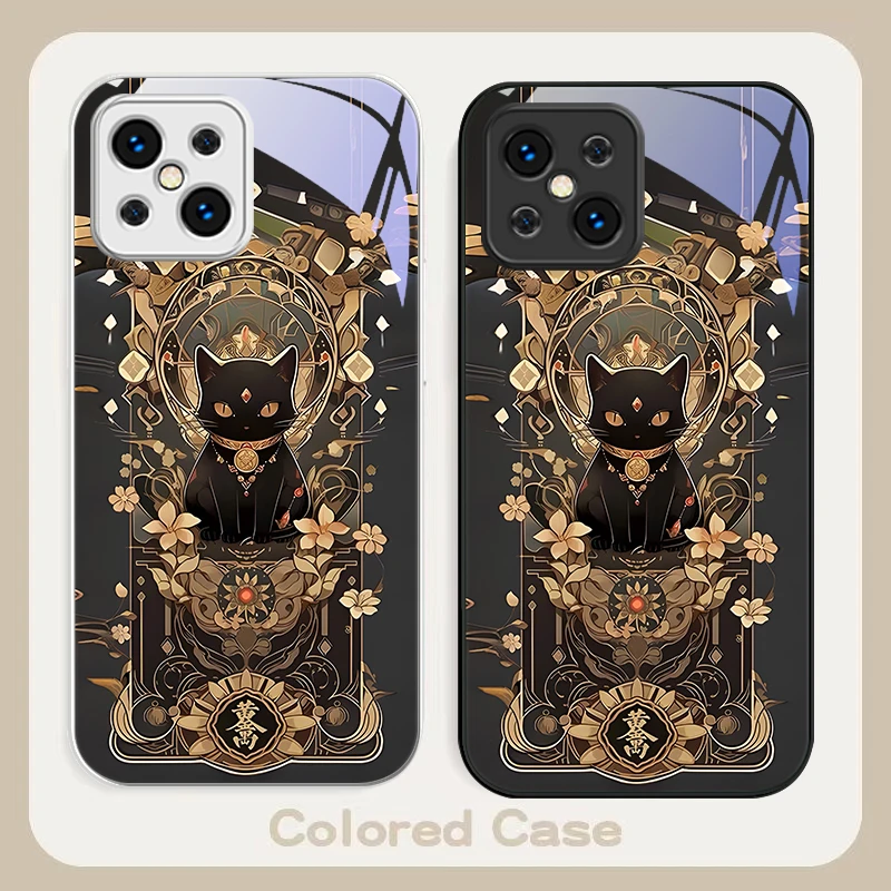 Lucky Black Cat Colorful For Find X5 X3 Lite Reno 6 4Z 5G OPPO A72 79 73 58 A54S OnePlus Nord N200 Tempered glass phone case