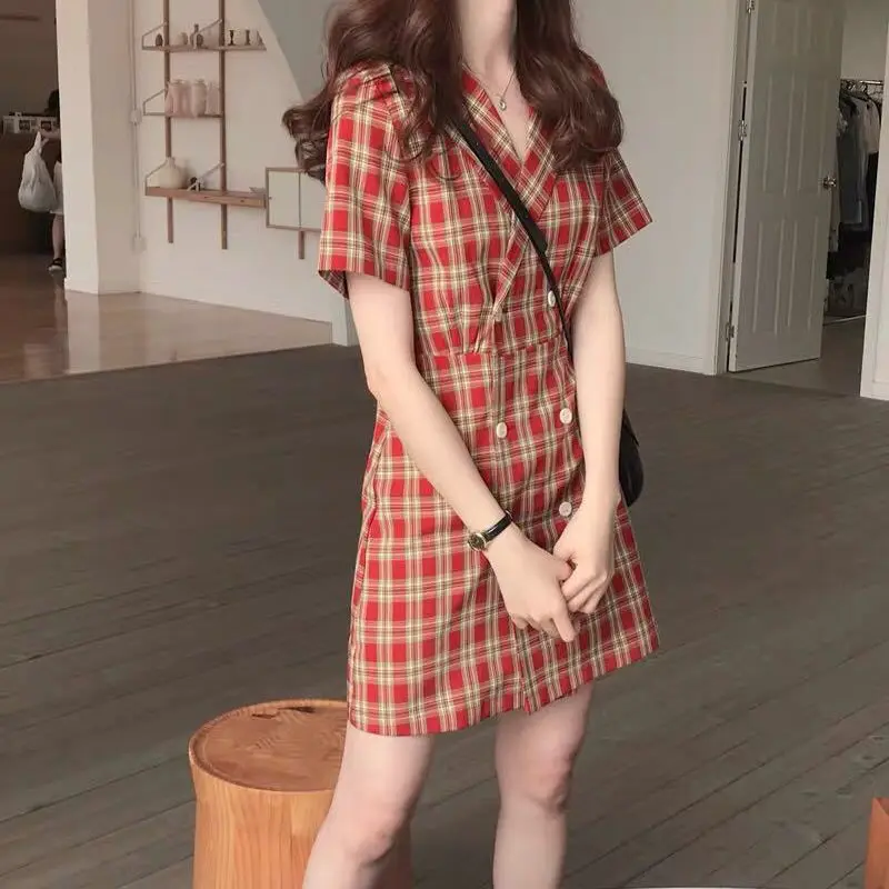 Suits Fashion Dress Tunics Linen Wrap Midi Sexy Women Dresses Casual Loose Short Plaid 2022 New Vintage Korean Summer Light Red
