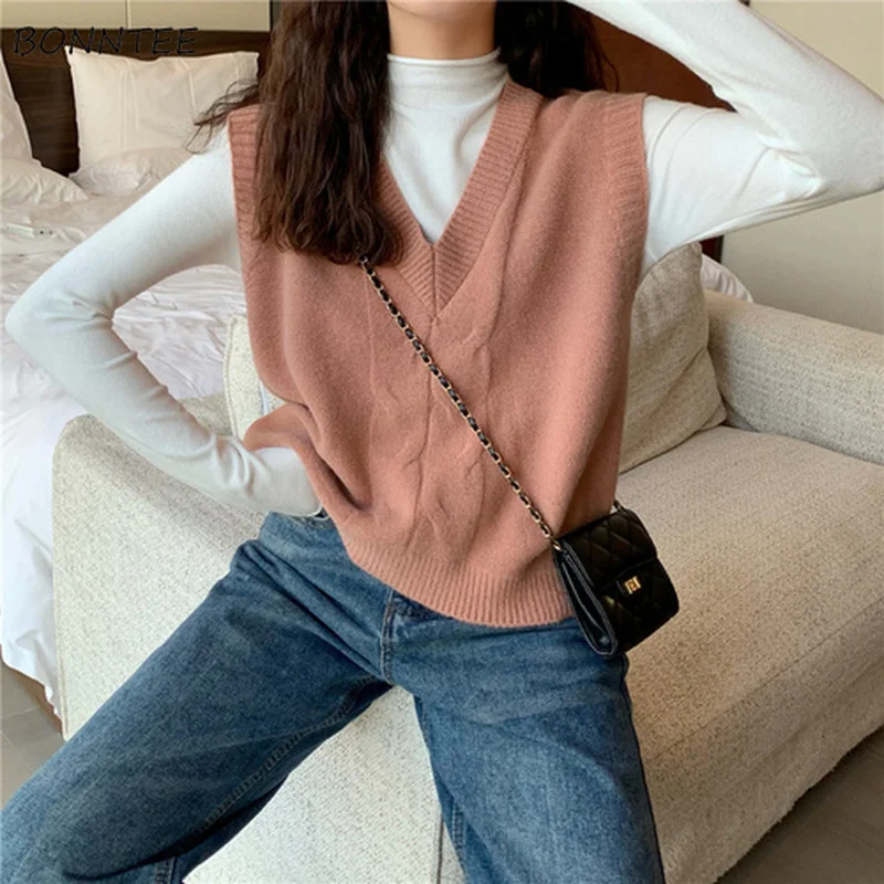 

Vests Women Autumn Vintage Candy Colors Fashion Solid Retro Waistcoats All-match Loose Sleeveless V-Neck Ladies Knitting Newest