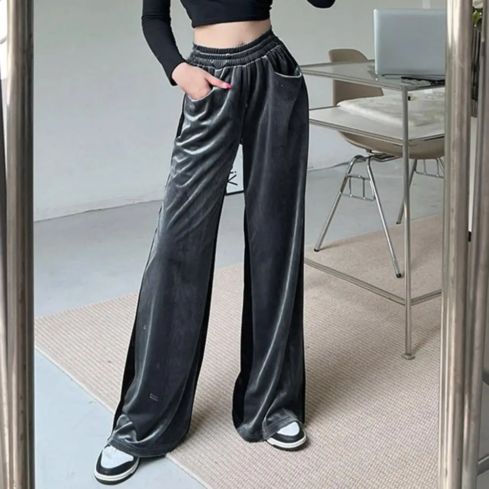 High Waist Elastic Waistband Pockets Women Pants Autumn Loose Wide Leg Velvet Trousers Streetwear Pantalones De Mujer Ropa Mujer