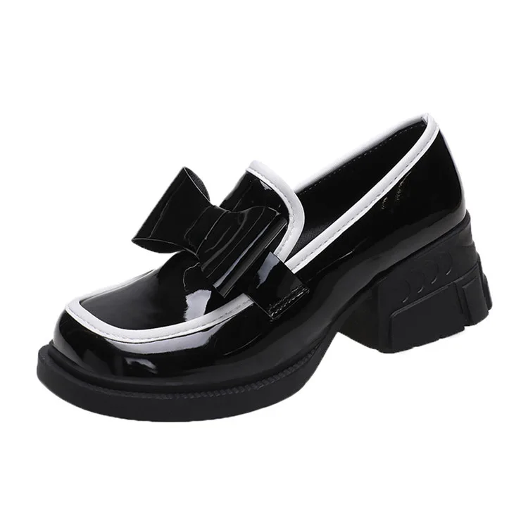 

Bow-knot leather shoes women's 2022 spring new fashion thick-heeled platform shoes slip-on high-heeled shoes
