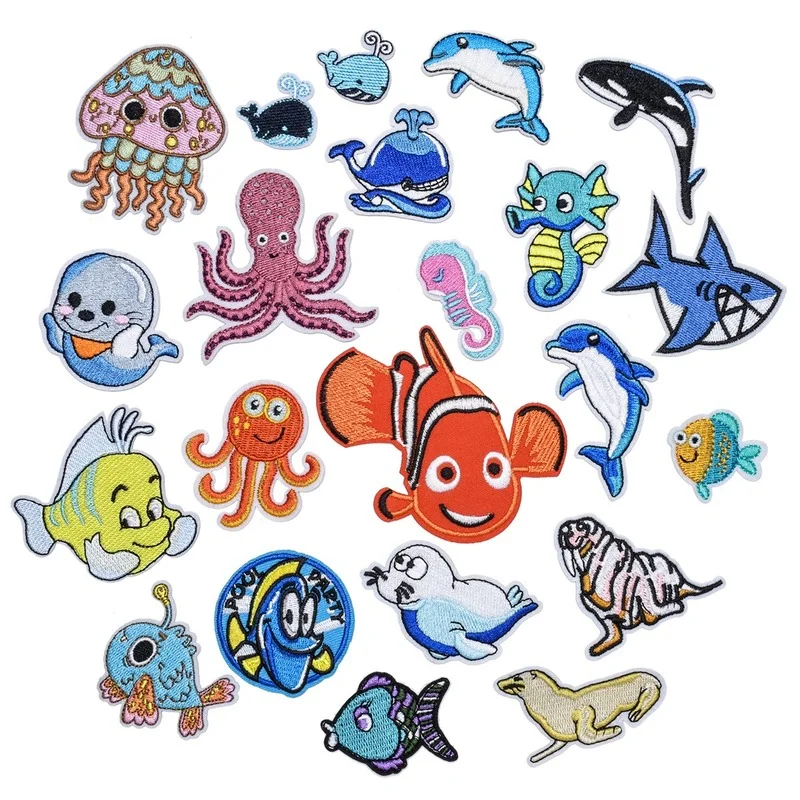 

50pcs/Lot Luxury Embroidery Patch Crab Crayfish Whale Sea Animal Letter Bag Shirt Clothing Decoration Accessory Craft Applique