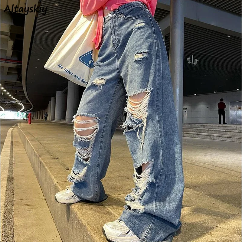 

High Waist Jeans Women Spring Ripped All-match Basic Cool Denim Harajuku Hole Teens Streetwear Baggy Wide-leg Trouser Distressed