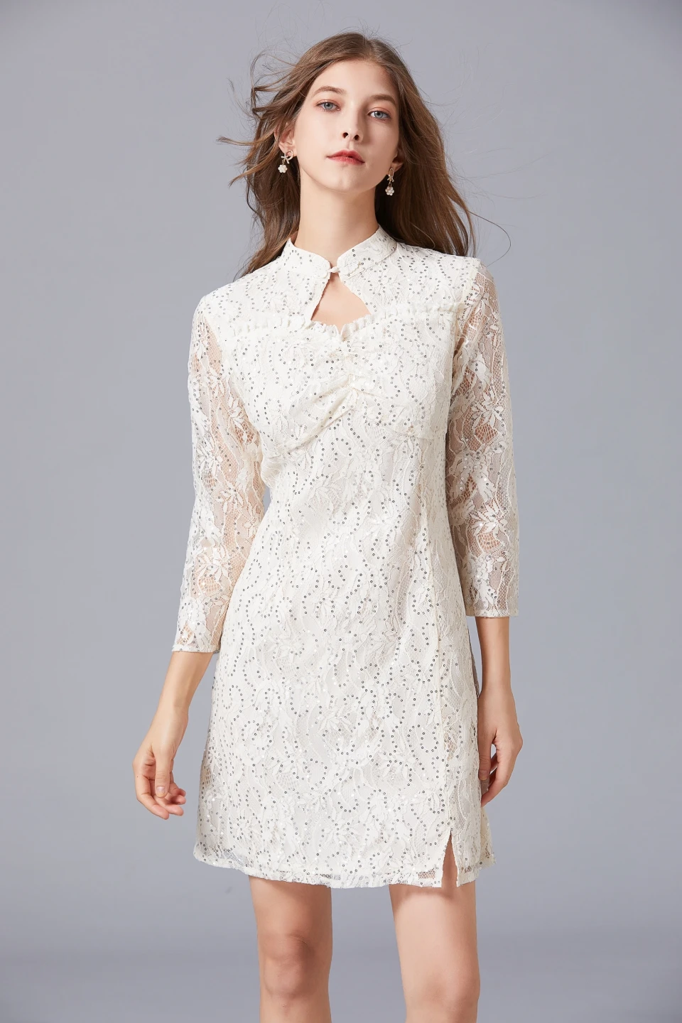 

brand spring and Autumn New Retro sequins high waist celebrity style A-shaped lace dress women's new cheongsam