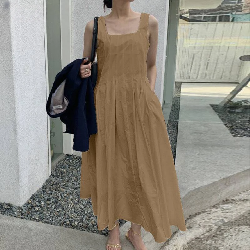 

Khaki Elegant Women Sleeveless Pleated Dress Casual Square Neck Party Holiday Sundress Robe 2023 New Summer Long Femme Vestidos